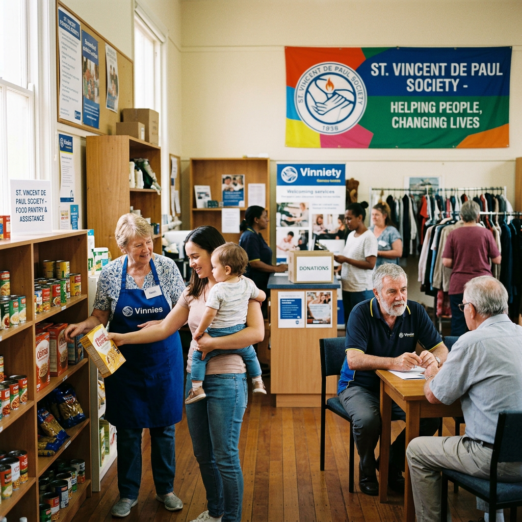 Volunteers helping people pick food and clothing at a St. Vincent de Paul Society center