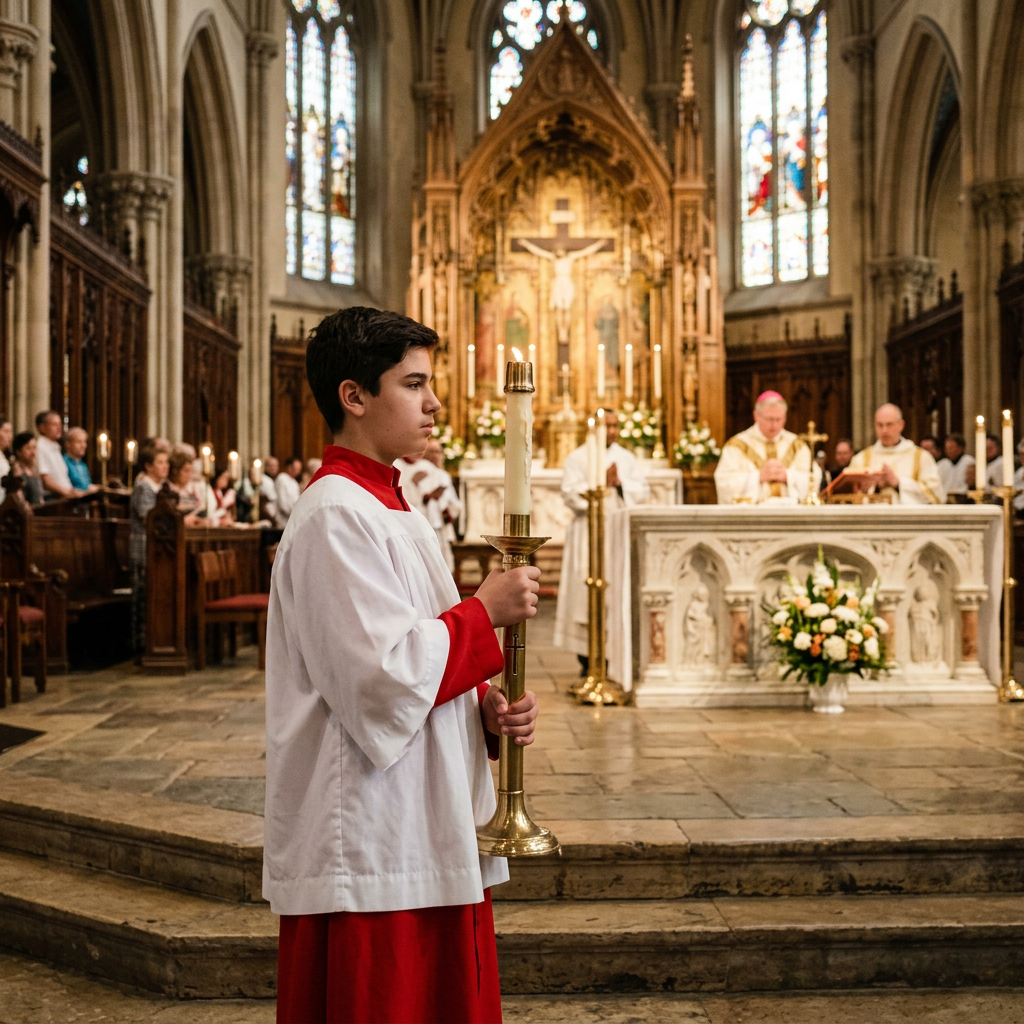 Altar boy in white and red robe holding a lit candle inside a stone church