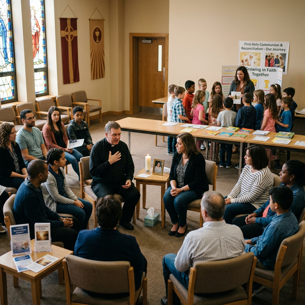 Adults seated in a circle listening to a man in clerical clothing with a candle and photo in the middle, children standing around a woman presenting in a church room